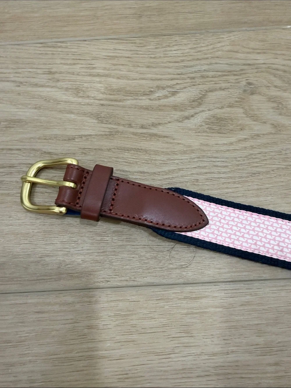 Vineyard Vines Pink Woven Belt with Brown Leather Trim